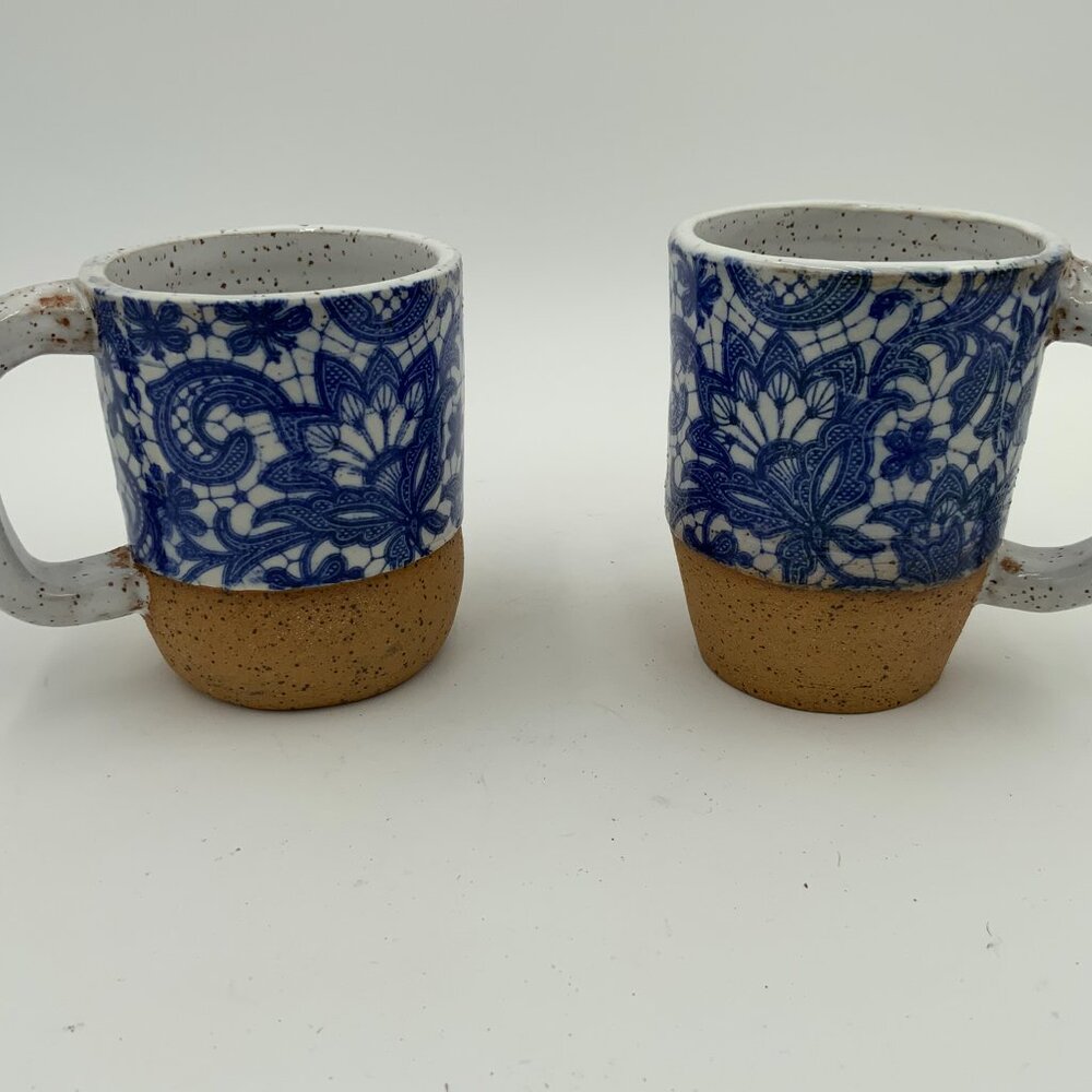 (2) Handcrafted Blue and White Floral Transferware White Speckled Coffee Mugs